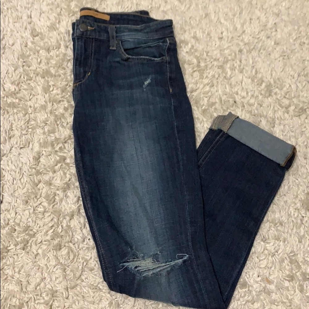 JOES JEANS: super comfy dark wash distressed jeans